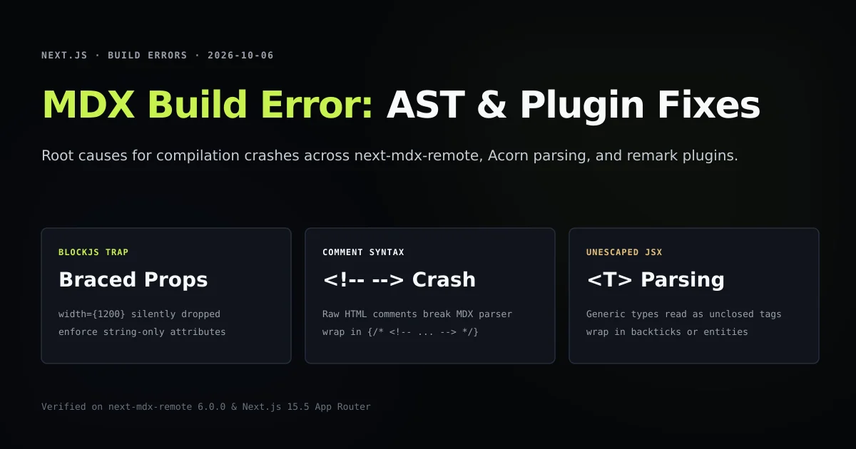 Technical diagram illustrating MDX compilation stages and AST parser error points in Next.js