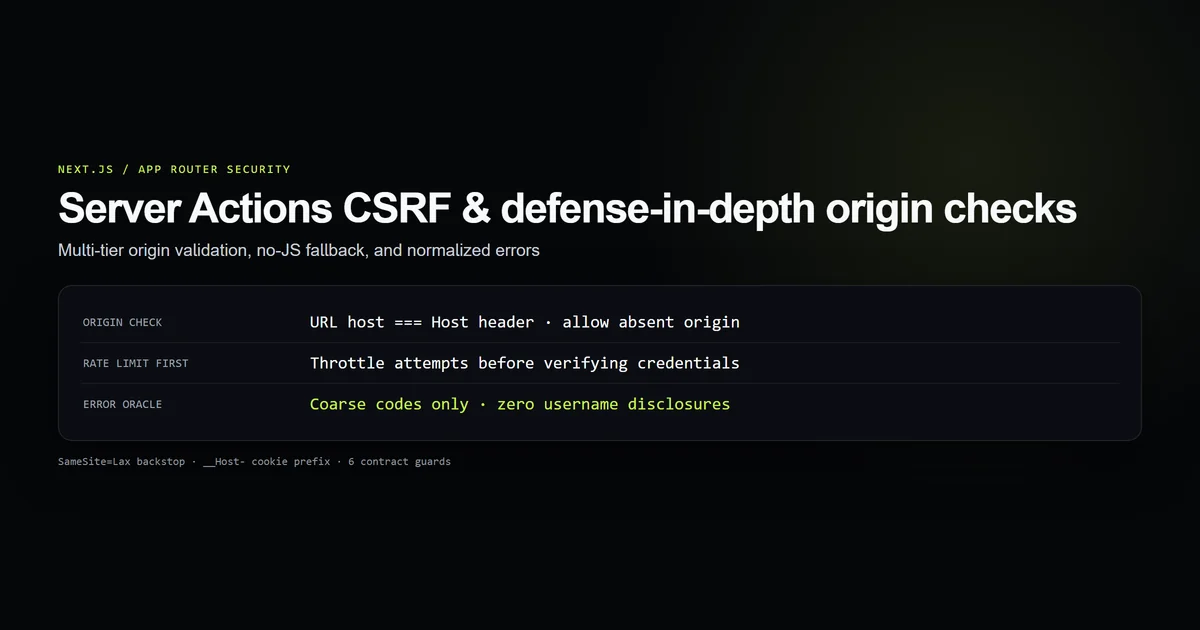 Next.js Server Actions CSRF verification architecture showing Origin validation, rate limit gates, and cookie flags
