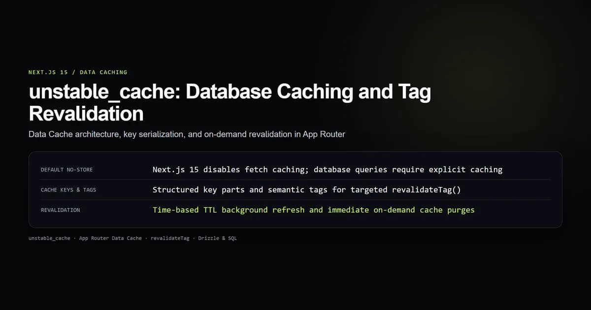 Next.js 15 unstable_cache architecture showing database query caching, cache keys, and tag revalidation