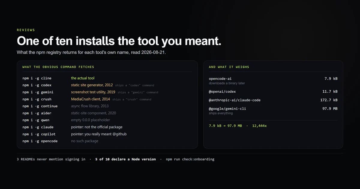 Ten obvious install commands, one of which gets the real tool and three of which get unrelated software