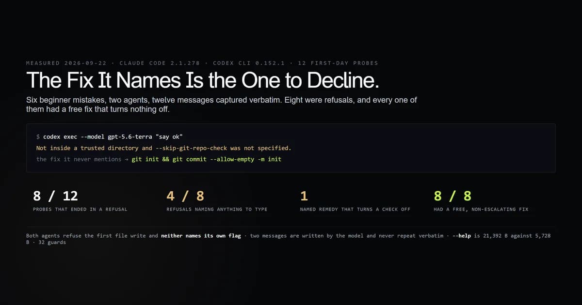 Twelve first-day error messages from two coding agents, scored on cause, remedy and escalation
