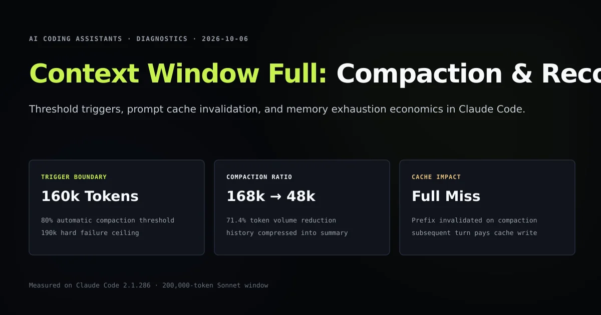 Technical diagram illustrating Claude Code context window exhaustion and auto compaction thresholds