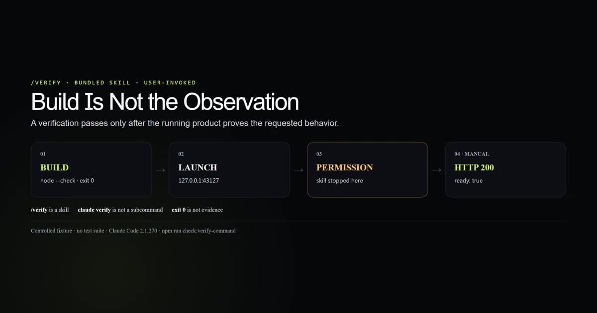 A Claude Code verify workflow moving from build through launch to an observed HTTP response