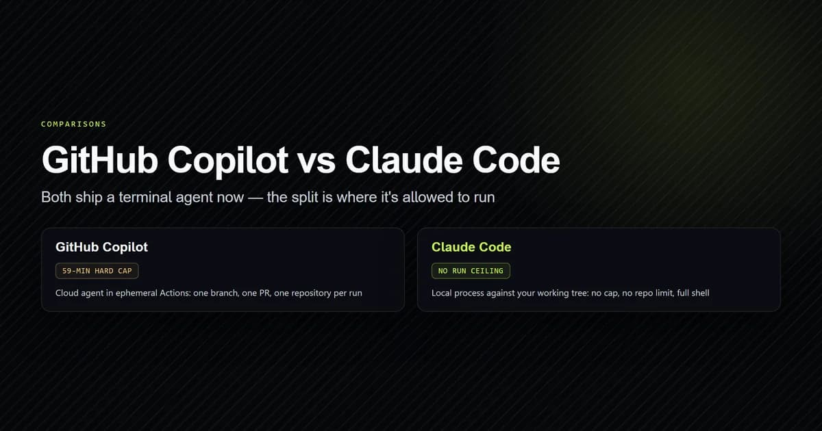 Two labeled panes contrasting Copilot cloud agent run limits with Claude Code local execution