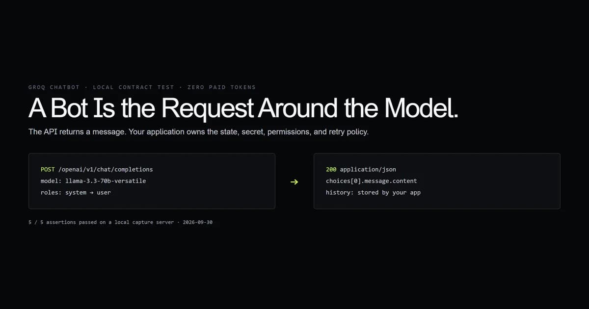 A captured Groq chatbot request showing endpoint, model, messages, and response