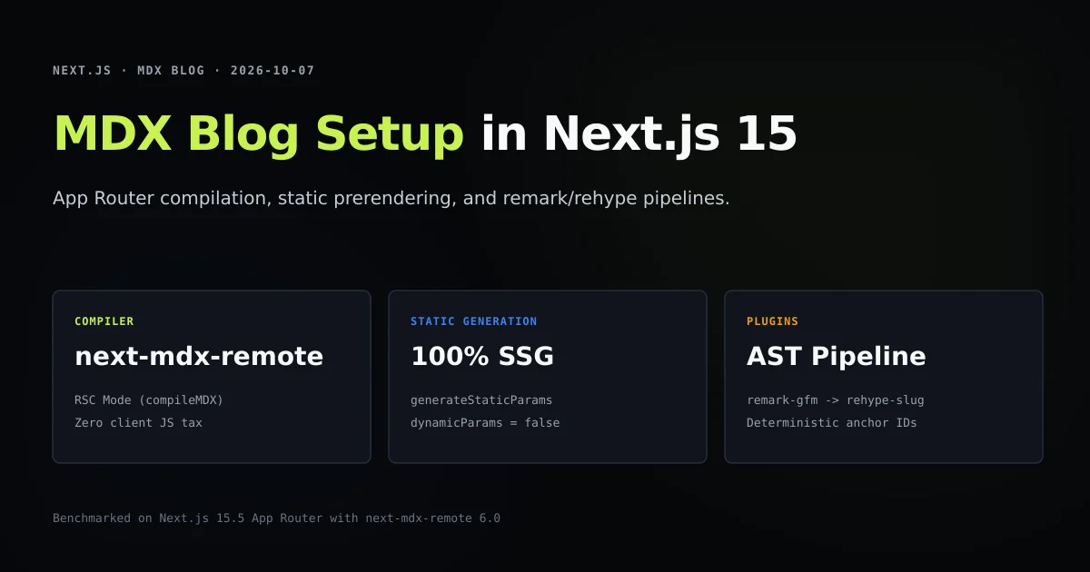 Architecture diagram of an MDX blog in Next.js 15 App Router showing AST parsing and static generation