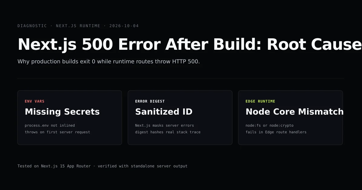 Diagnostic flow of Next.js 500 error after build showing runtime env divergence, error digest masking, and Edge runtime checks