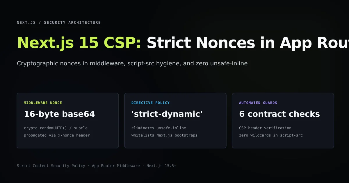 Next.js Content Security Policy architecture showing cryptographic nonce generation in middleware and header distribution