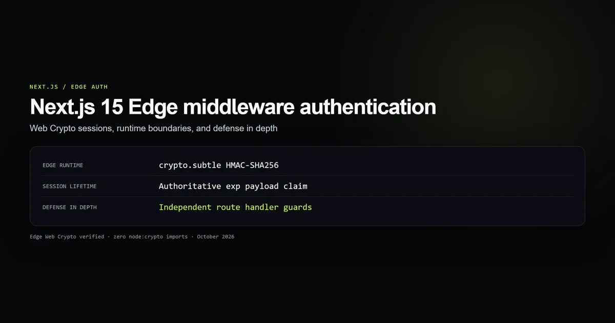 Next.js 15 Edge middleware authentication architecture showing Web Crypto HMAC verification and defense-in-depth route checks