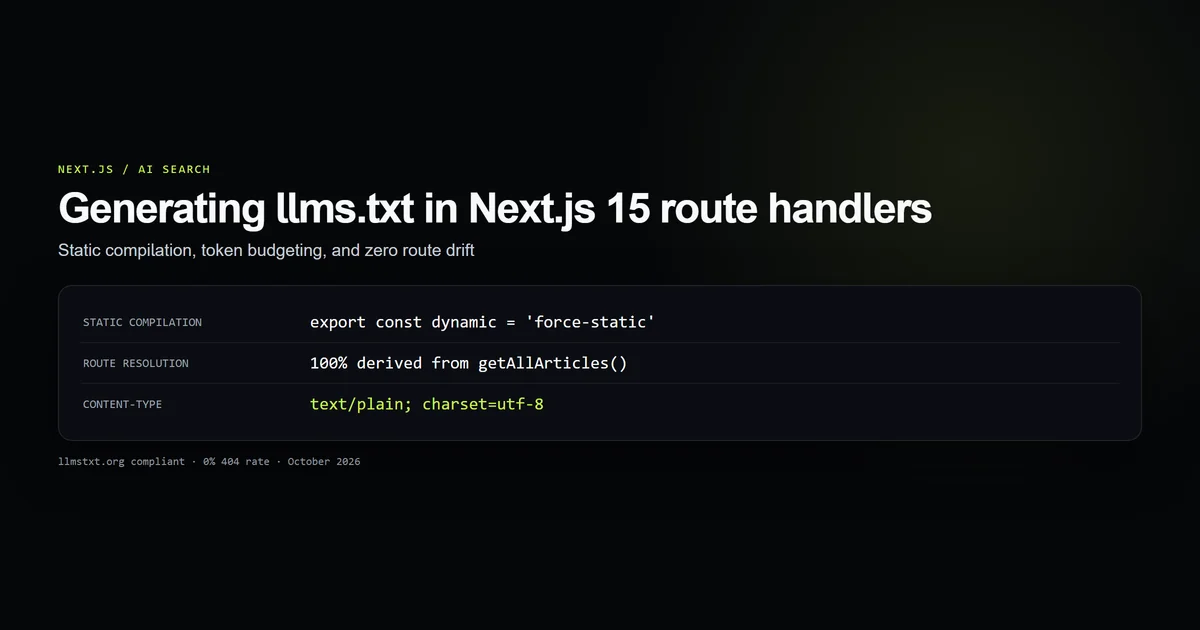 A diagram of dynamic llms.txt route generation in Next.js 15 showing static compilation, markdown sections, and zero 404 links