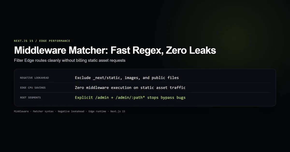 Next.js middleware matcher regex filtering edge routes and excluding static assets