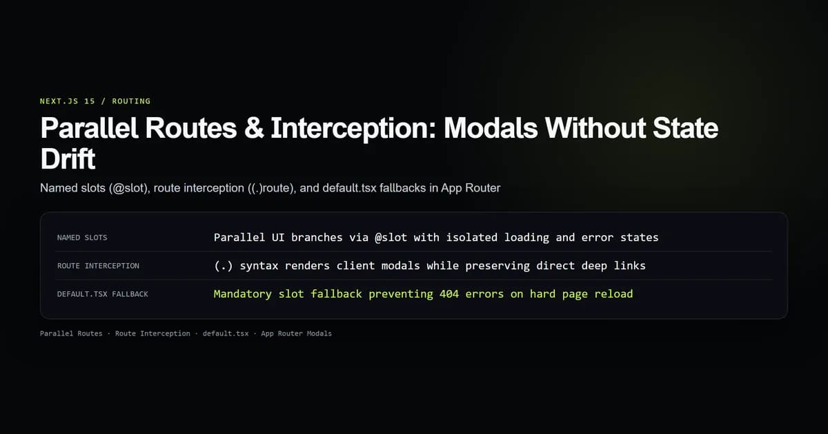 Next.js 15 parallel routes and route interception showing named slots, intercepted modal routes, and default.tsx fallbacks