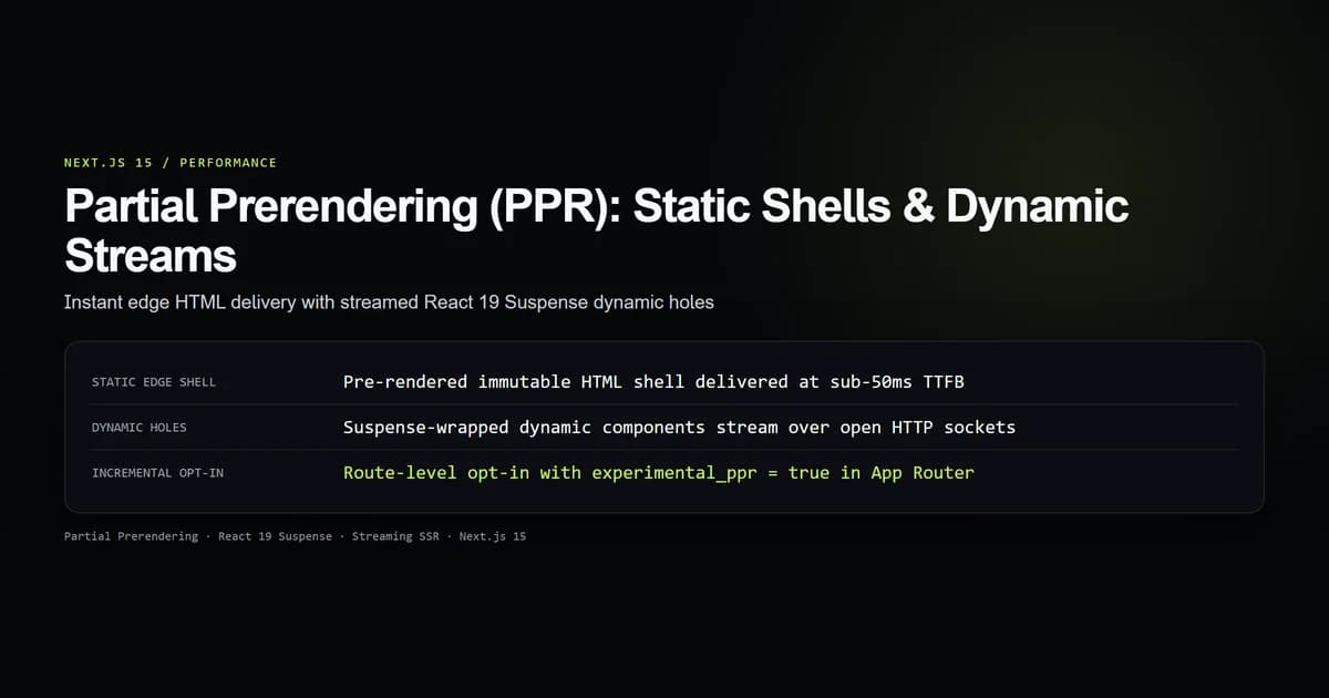 Next.js 15 Partial Prerendering architecture diagram showing static edge HTML shell and streaming React 19 Suspense dynamic holes