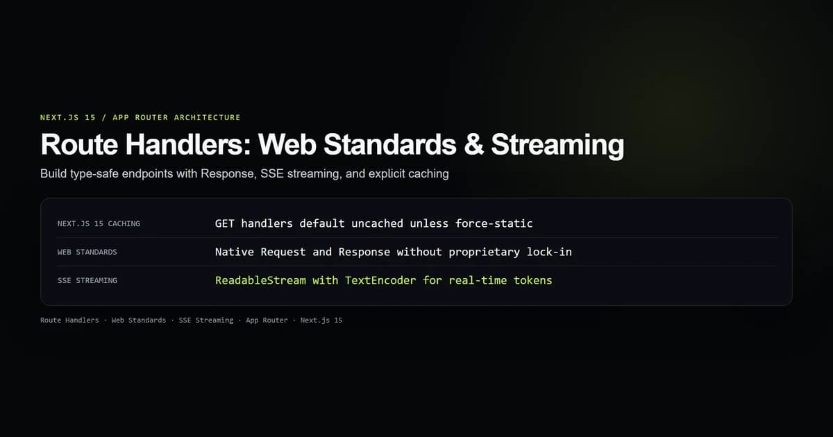 Next.js 15 Route Handlers architecture diagram showing Web Standard Response, SSE streaming, and caching