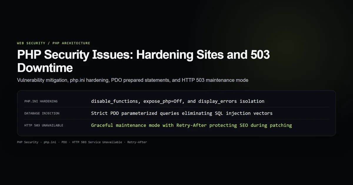 PHP security architecture showing php.ini hardening, PDO prepared statements, and HTTP 503 maintenance response