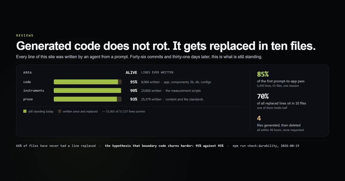 Lines written against lines still standing across 46 commits of prompt-generated code
